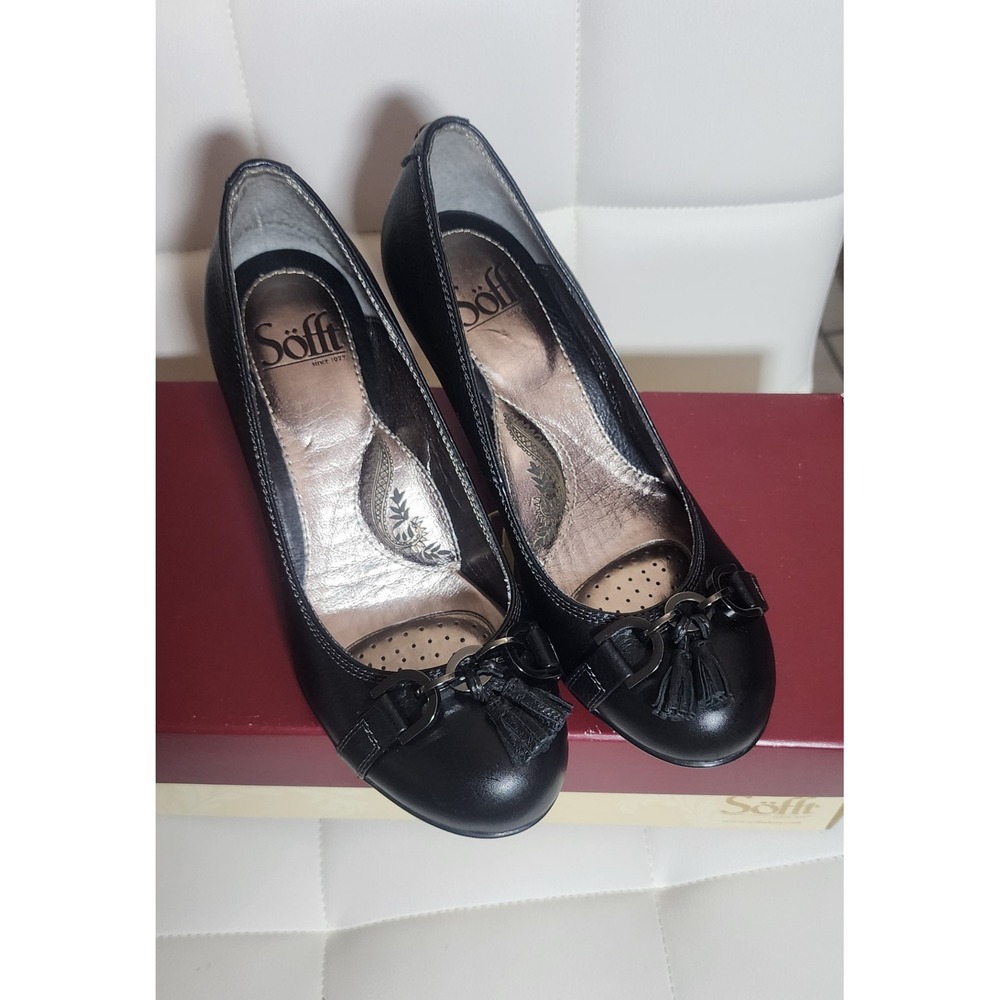 Sofft Black Leather Kitten Heels‎ Tassel Round Toe Pumps Womens Shoes